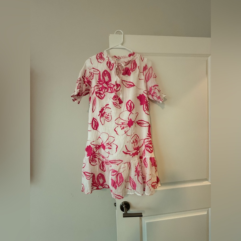 Kindred White Pink Floral Shift Dress Ruffle Neck Short Sleeve Drop Waist🩷 - Picture 6 of 12